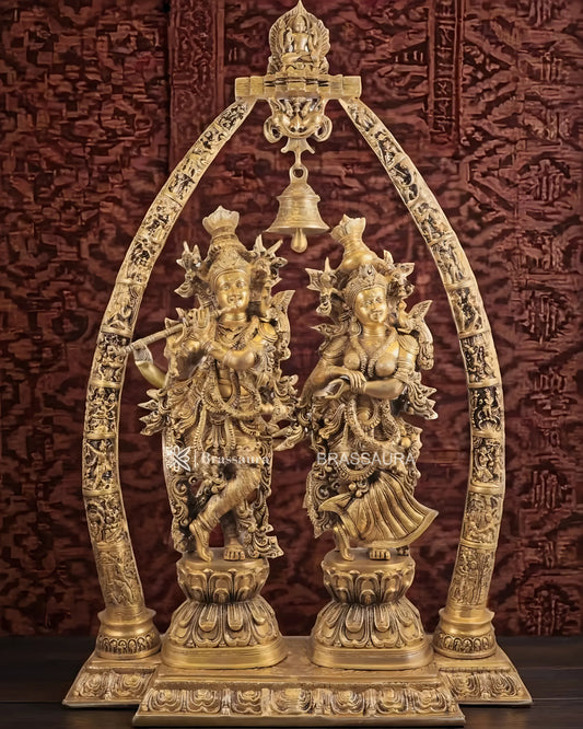 Brassaura™ Magnificent Brass Radha Krishna Temple Arch with Krishna Leelas – Arch Height 45 Inches & Total Weight 70 Kgs | Elegant Devotional Masterpiece