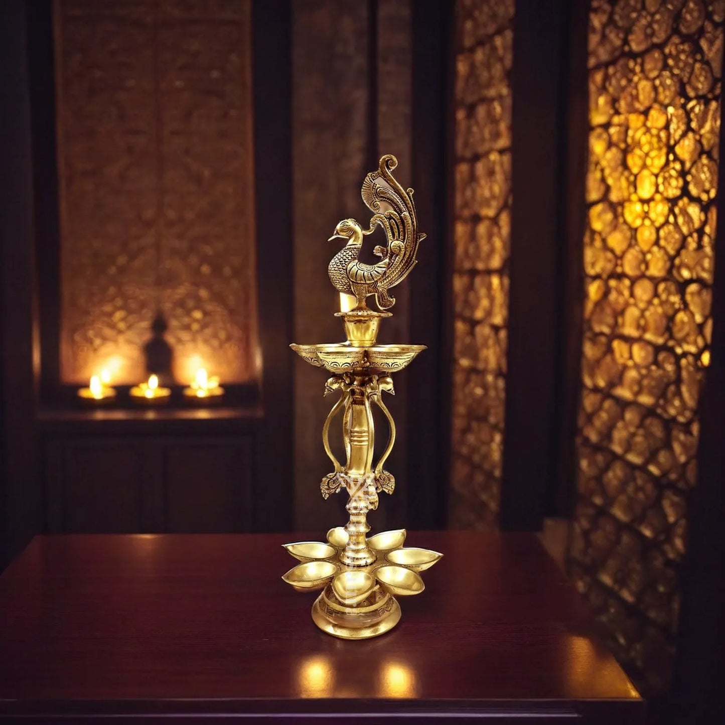 Brass 12 Wick Diya Weight 4.4 Kg And Height 20 Inch