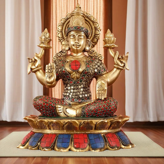 Brass Gem Stone Work Laxmi Mata for Home and Decor Height 11 Inches & Weight 7 Kgs