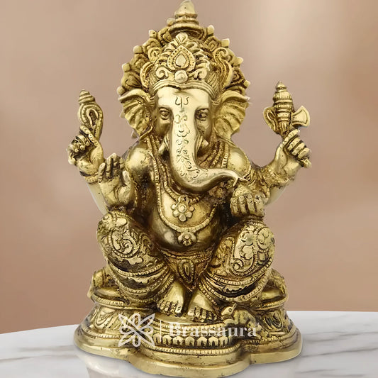 Brassaura™ Brass Ganesha Idol for Home and Decor | Weight 2.5 Kgs | Height 8 Inches