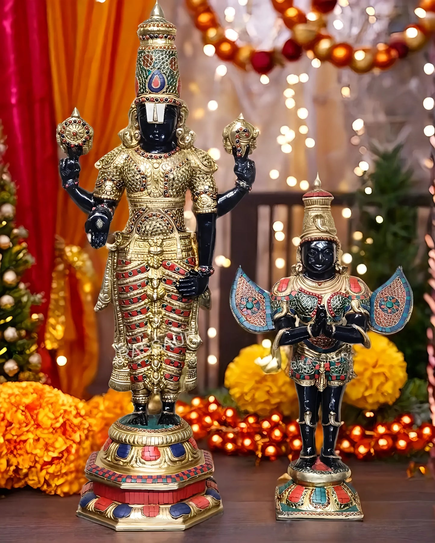 Handcrafted Brass Tirupati Balaji with Garuda – Height 33.5 Inches (22 Kgs) & 22 Inches (10 Kgs) | Black & Golden Finish
