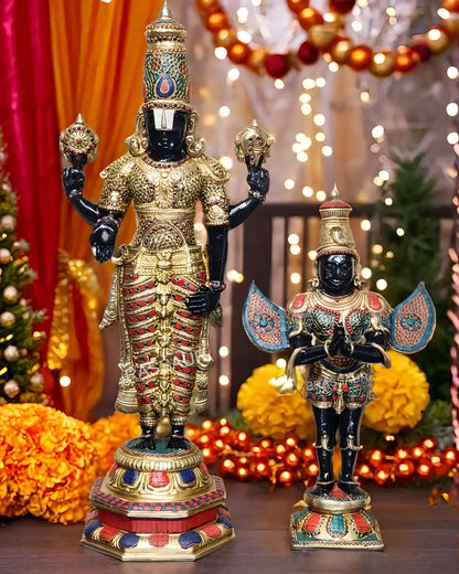 Handcrafted Brass Tirupati Balaji with Garuda – Height 33.5 Inches (22 Kgs) & 22 Inches (10 Kgs) | Black & Golden Finish