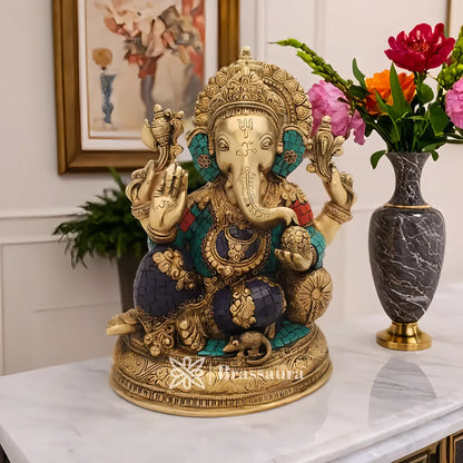 Brassaura™ Brass Ganesha Idol for Home Temple & Pooja Décor | Height 13 Inches & Weight 10.7 Kgs