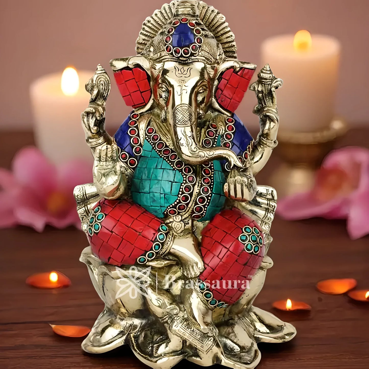 Brassaura™ Brass Gem Stone Work Lotus Ganesha Idol for Home and Decor | Weight 4.3 Kgs | Height 10 Inches