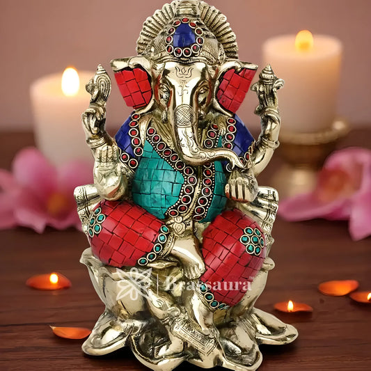Brassaura™ Brass Gem Stone Work Lotus Ganesha Idol for Home and Decor | Weight 4.3 Kgs | Height 10 Inches