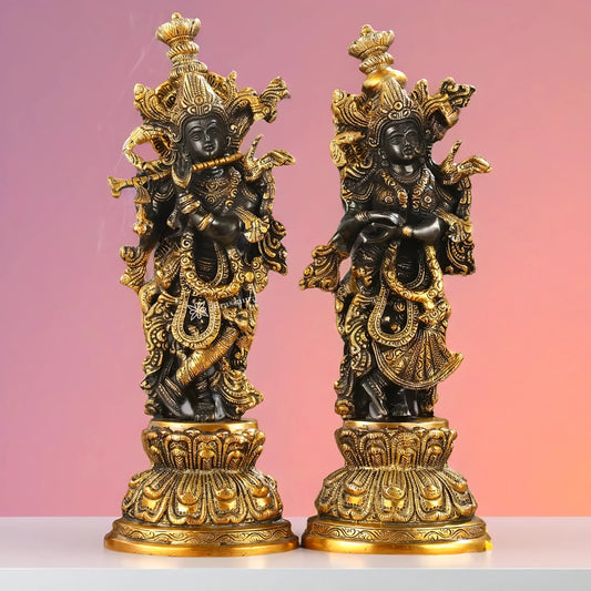 Brassaura™ Brass Radha Krishna Idol Pair – Height 15 Inches & Weight 10 Kgs | Black & Gold Finish Devotional Statue
