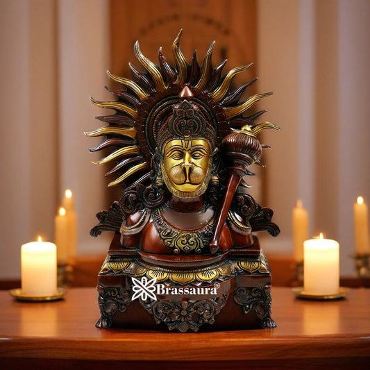Brassaura™ Brass Hanuman Bust Statue with Intricate Design – Height 14 Inches & Weight 7.36 Kgs