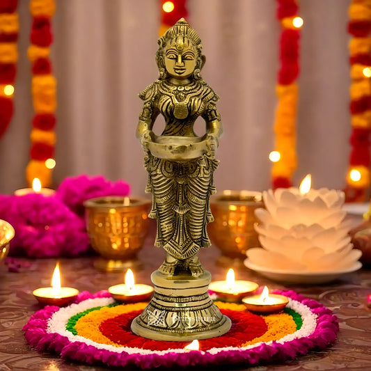 Brassaura™ Brass Deep Laxmi Idol – Height 11.2 Inches & Weight 1.7 Kgs | Home & Puja Décor
