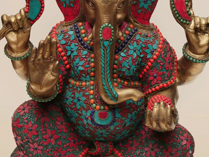 Brassaura™ Majestic Lord Ganesha with Rich Stone Inlay Work | Height 21 Inches & Weight 26.63 kgs