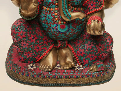 Brassaura™ Majestic Lord Ganesha with Rich Stone Inlay Work | Height 21 Inches & Weight 26.63 kgs
