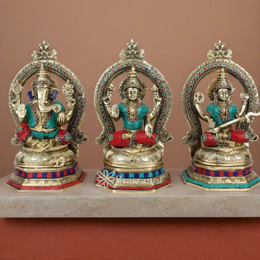 Brassaura™ Artistic Brass Gemstone Laxmi Ganesha Saraswati Statue – Height 11.5 Inches & Weight 12.6 Kgs | Puja Room Idol