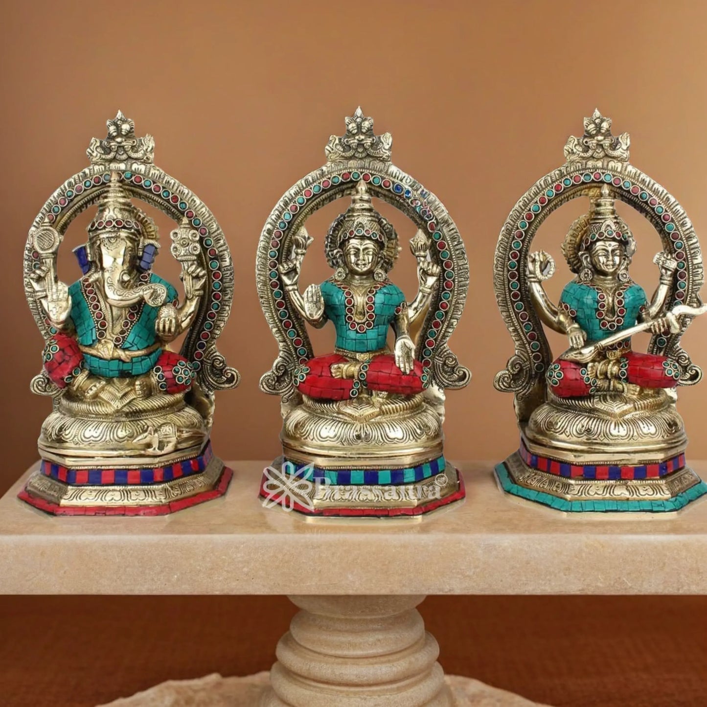 Brassaura™ Artistic Brass Gemstone Laxmi Ganesha Saraswati Statue – Height 11.5 Inches & Weight 12.6 Kgs | Puja Room Idol