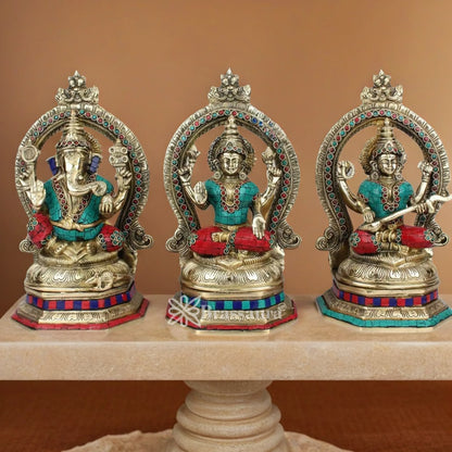 Brassaura™ Artistic Brass Gemstone Laxmi Ganesha Saraswati Statue – Height 11.5 Inches & Weight 12.6 Kgs | Puja Room Idol