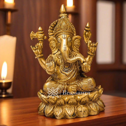 Brassaura™ Brass Lotus Ganesha Idol for Home and Decor | Weight 1.4 Kgs | Height 5.8 Inches