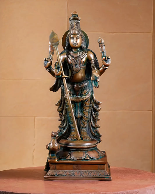 Brassaura™ Pure Brass Kartikeya Murugan Swamy Statue – 14 Inches Height, 4.45 Kgs – Chola Bronze Finish