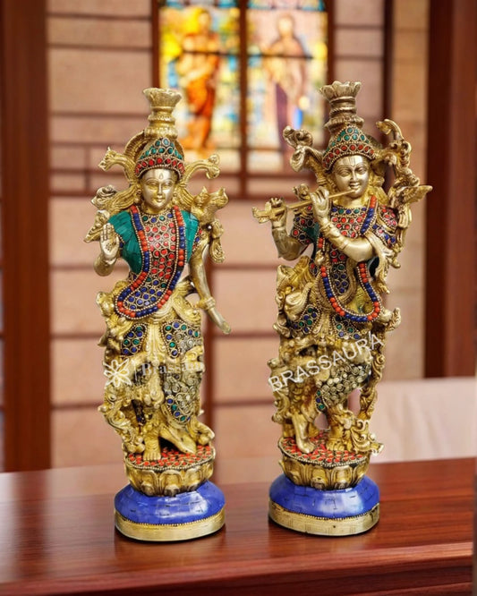 Brassaura™ Handcrafted Brass Radha Krishna Statue Pair with Natural Stones & Brass Rings – Height 14 Inches & Weight 8.5 Kgs | Elegant Devotional Idol