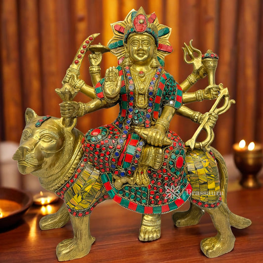 Brassaura™ Brass Gem Stone Work Durga Sherawali Sitting on Lion Murti  Height 12.8 Inches & Weight 7.69 Kgs