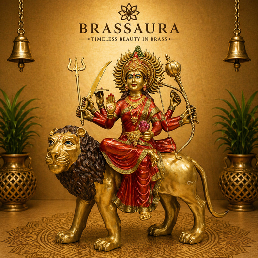 Brassaura® Brass Goddess Durga on Lion Statue | Height 58 Inches