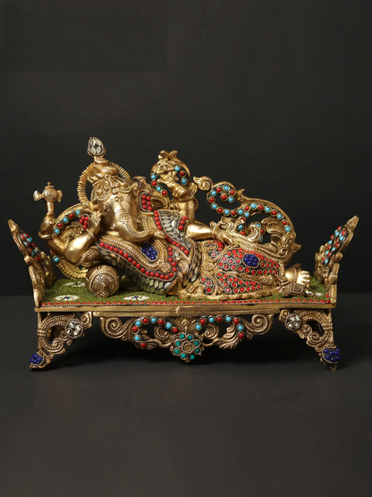 Brassaura™ Reclining Ganesha on Ornate Couch with Meenakari Inlay | Height 9 Inches & Weight 6.55 kgs