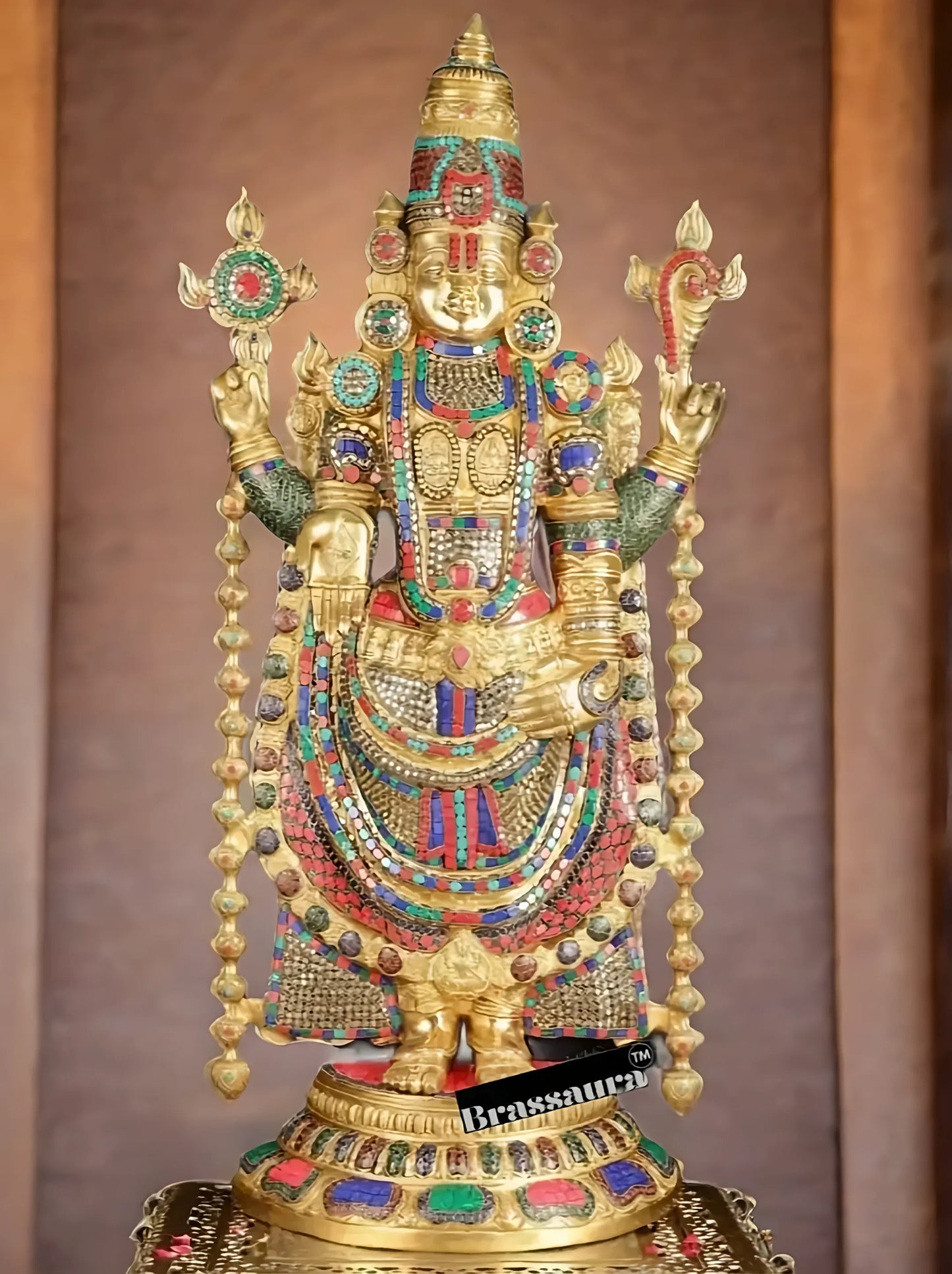 Brassaura™ Brass Lord Venkateshwara Idol with Pedestal & Bells – 38 Inches Idol, 37 Kgs & 21 Inches Pedestal stand - 33 Kgs