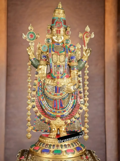 Brassaura™ Brass Lord Venkateshwara Idol with Pedestal & Bells – 38 Inches Idol, 37 Kgs & 21 Inches Pedestal stand - 33 Kgs