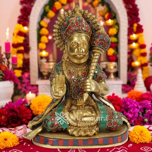 Brassaura™ Brass Sankat Mochan Gem Stone Work Hanuman Murti for Home and Decor, Height 9.2 Inches & Weight 2.80 Kgs