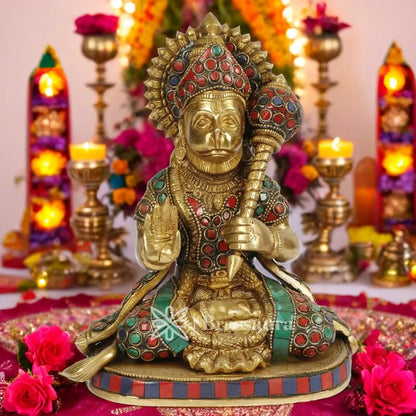 Brassaura™ Brass Sankat Mochan Gem Stone Work Hanuman Murti for Home and Decor, Height 9.2 Inches & Weight 2.80 Kgs