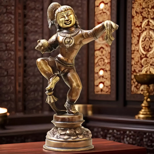 Brassaura® Brass Dancing Bala Krishna Idol with Antique Brown Finish | Handcrafted Bal Gopal Statue for Home Temple, Pooja Room & Spiritual Décor | Height 12 Inches | Weight 3.4 Kgs