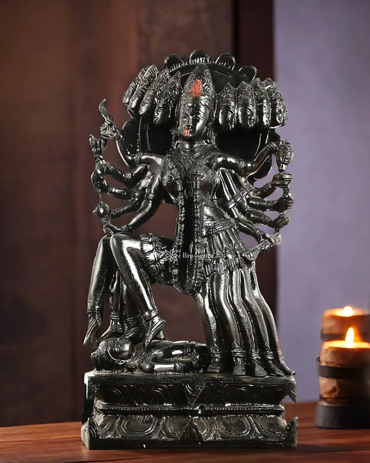 Brassaura™ Mahakali Brass Statue Idol with 10 Heads – 10kg | 15" Height – Antique