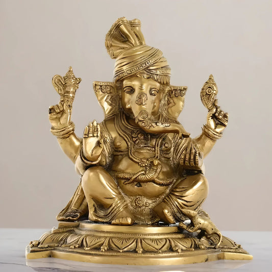 Brassaura™ Pure Brass Lord Ganesha with Pagadi Idol | Superfine Handcrafted Showpiece | Weight 7 Kgs | Height 11 Inches