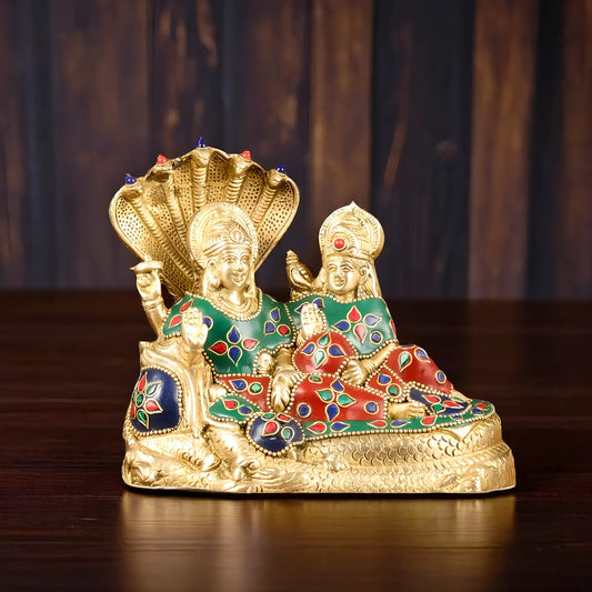 Brassaura™ Vishnu & Lakshmi Brass Idol on Sheshnaag – 2kg, 6.5-Inch – Gold Finish Vaastu-Compliant Idol for Home & Office