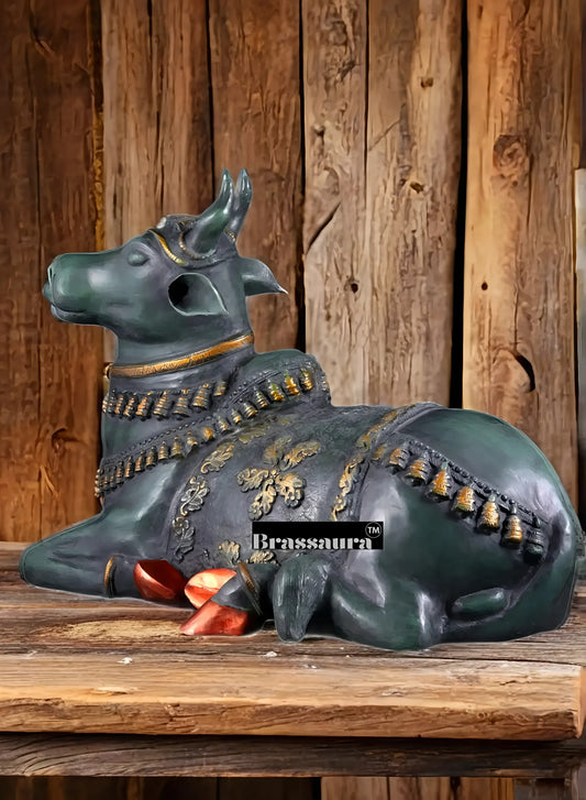 Brassaura™ Brass Antique Large Nandi Sculpture with Pichwai Finish – Height 21.5 Inches & Weight 30 Kgs | Rustic Green Patina Idol