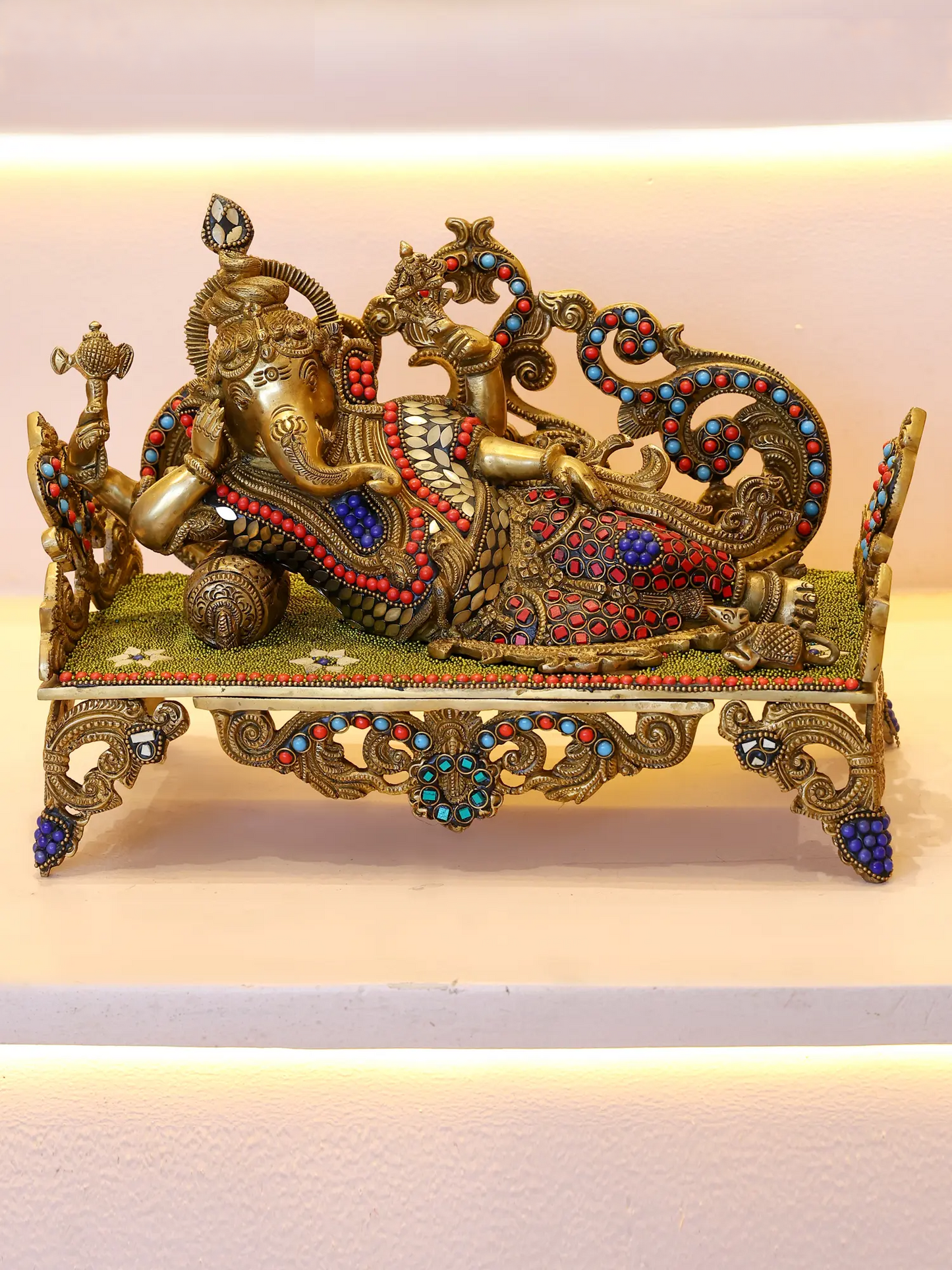 Brassaura™ Reclining Ganesha on Ornate Couch with Meenakari Inlay | Height 9 Inches & Weight 6.55 kgs