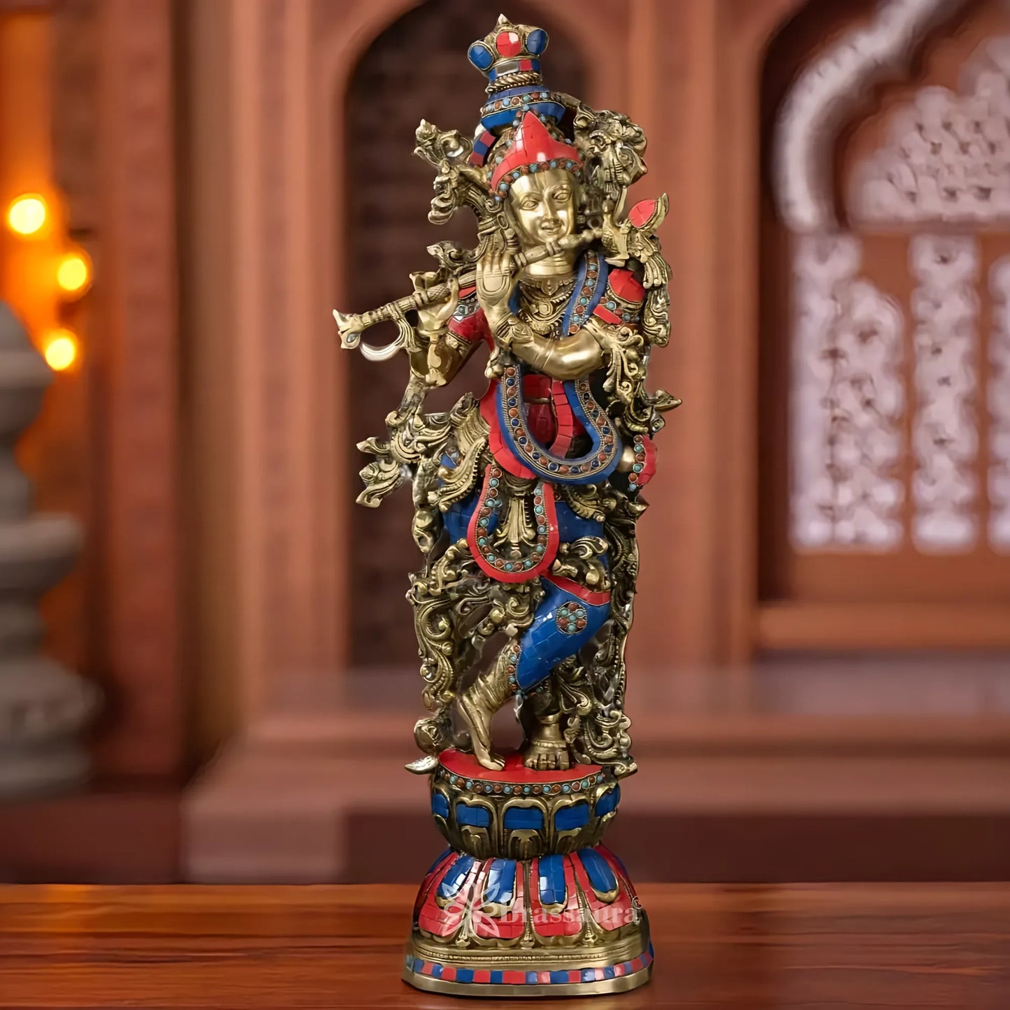Brassaura® Lord Krishna Playing Flute Idol with Antique Stone Work | Pure Brass Handcrafted Murti | Brass Statue for Home Temple, Living Room & Spiritual Décor | Height 29 Inches | Weight 16.14 Kgs