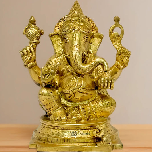 Brassaura™ Brass Golden Ganesha Murti – Height 9 inches & Weight 2.3 kgs | Ganpati Idol for Pooja & Home Décor