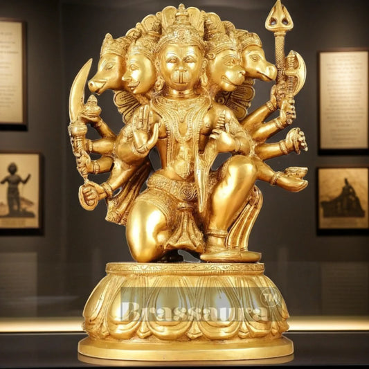 Brassaura™ Handcrafted Superfine Brass Panchmukhi Hanuman Idol – Height 13.5 Inches & Weight 9 Kgs | Heat-Treated Golden Permanent Finish