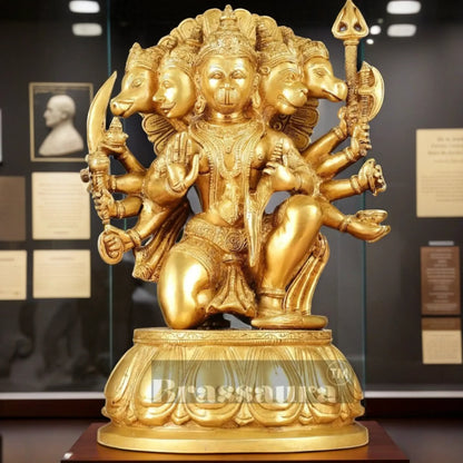 Brassaura™ Handcrafted Superfine Brass Panchmukhi Hanuman Idol – Height 13.5 Inches & Weight 9 Kgs | Heat-Treated Golden Permanent Finish