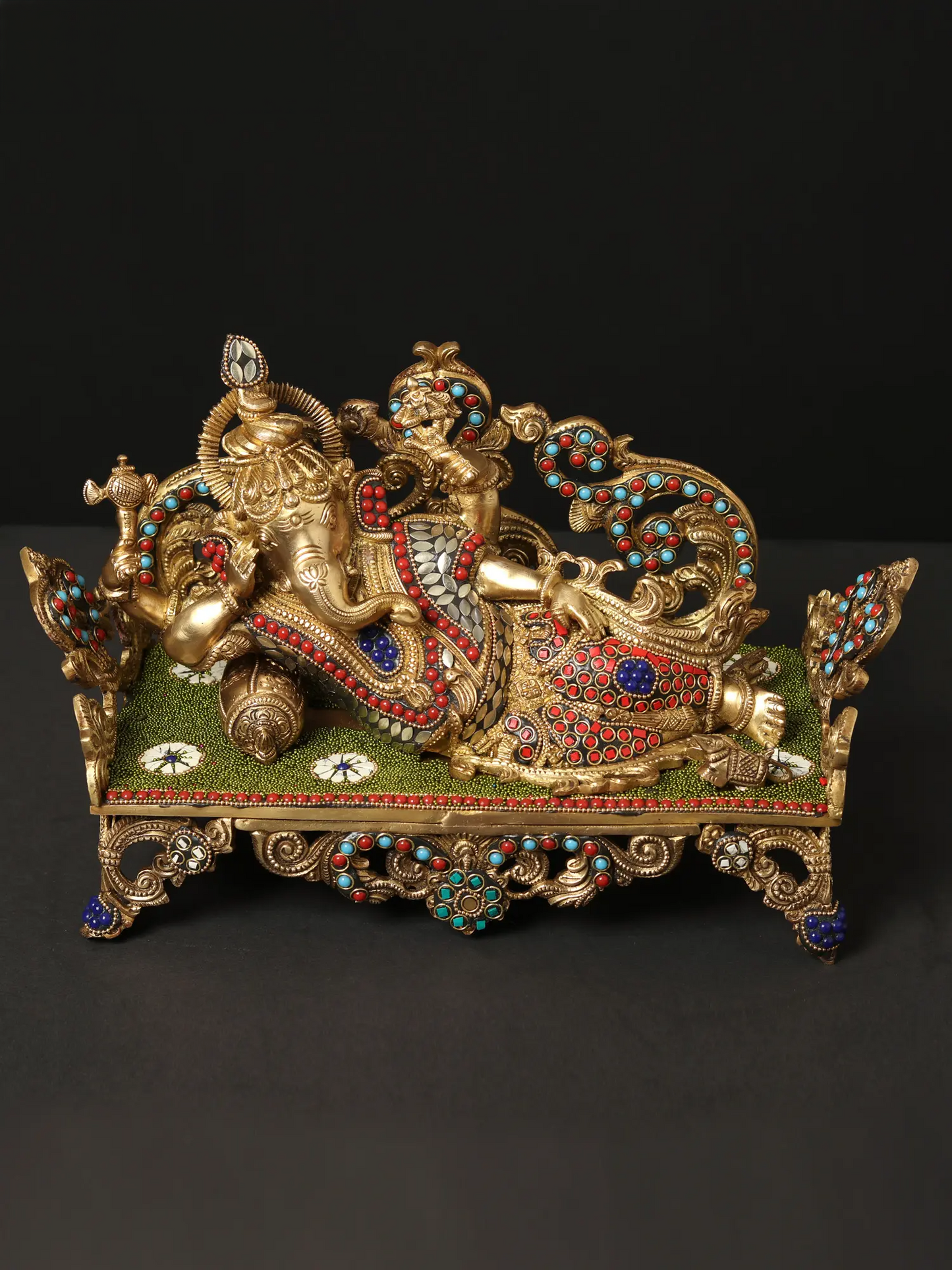 Brassaura™ Reclining Ganesha on Ornate Couch with Meenakari Inlay | Height 9 Inches & Weight 6.55 kgs