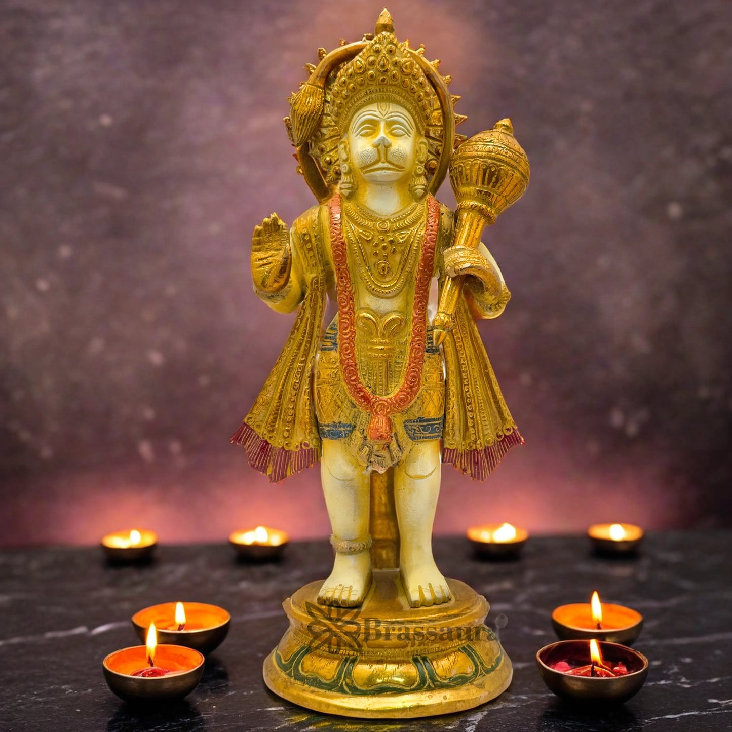Brassaura™ Brass Multi Colored White & Gold Patina Finish Standing Hanuman, Height 12.5 Inches & Weight 4.1 Kgs | Handcrafted Idol