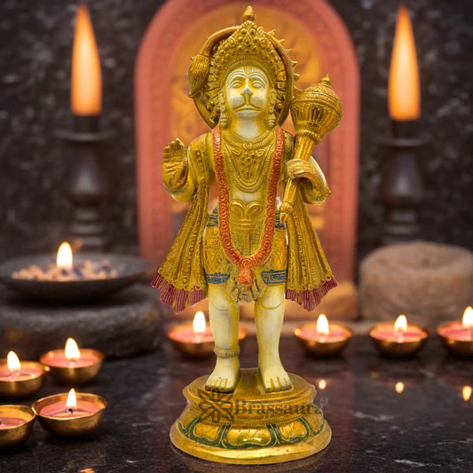 Brassaura™ Brass Multi Colored White & Gold Patina Finish Standing Hanuman, Height 12.5 Inches & Weight 4.1 Kgs | Handcrafted Idol