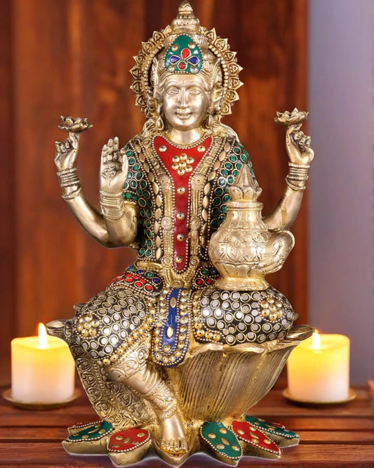 Brass Gem Stone Work Sitting Laxmi Mata for Home and Decor Height 12 Inches & Weight 5.5 Kgs