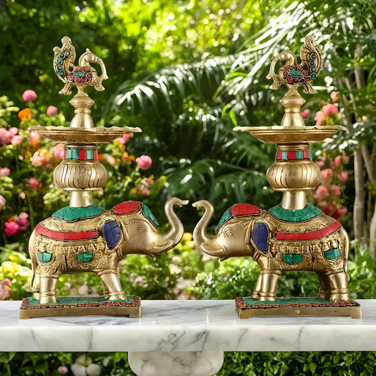 Brassaura™ Brass Elephant Holding Peacock Lamp – Height 11.5 Inches | Traditional Oil Lamps, 3 Kgs