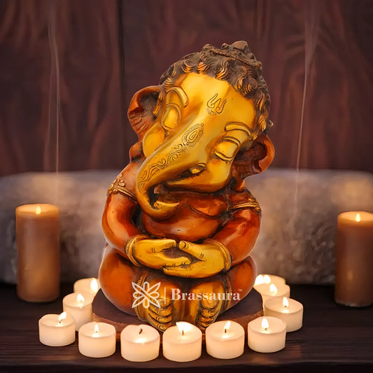 Brassaura™ Handcrafted Brass Ganesha for Spiritual Blessings | Height 8 Inches & Weight 4.7 Kgs