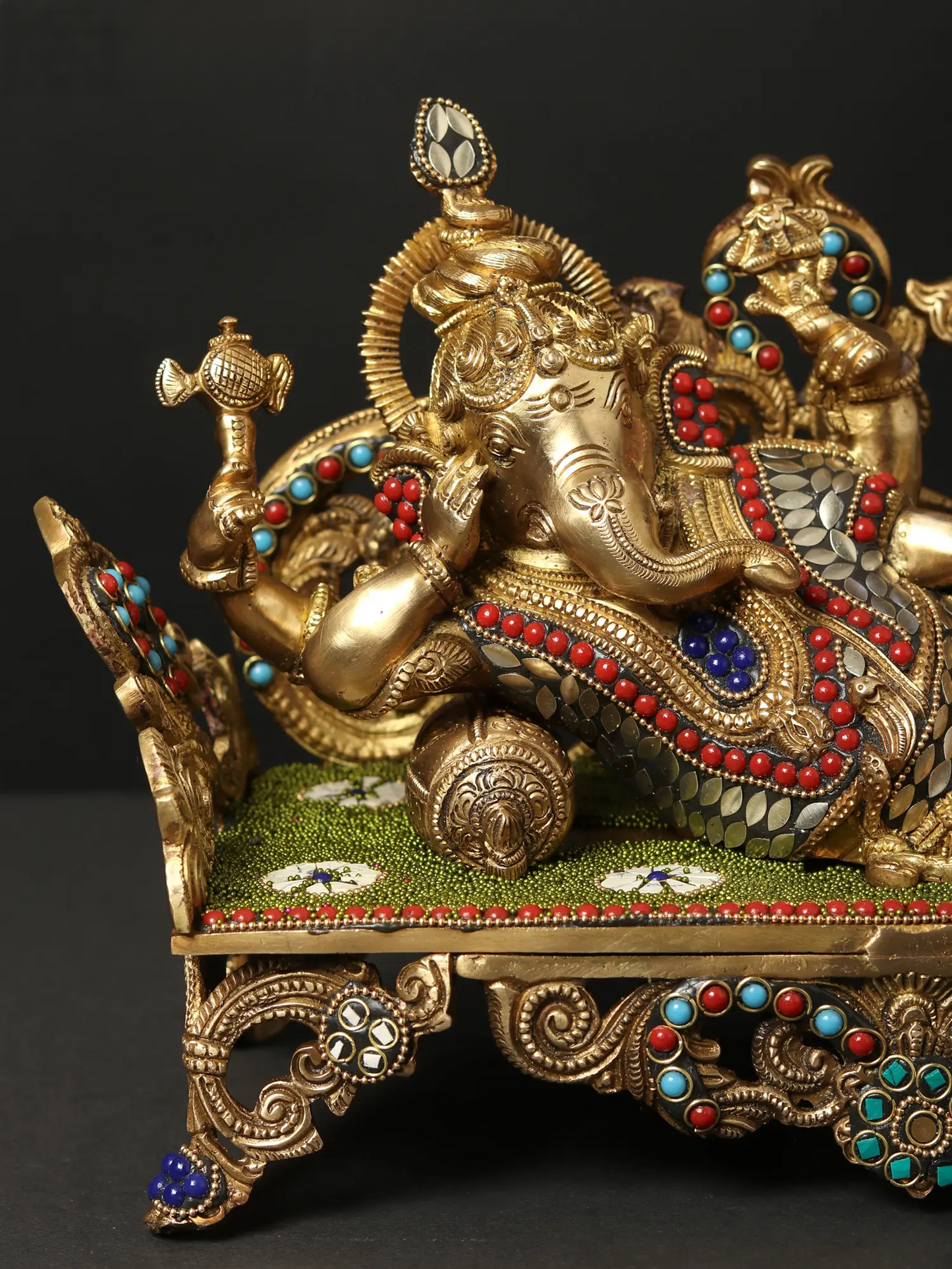 Brassaura™ Reclining Ganesha on Ornate Couch with Meenakari Inlay | Height 9 Inches & Weight 6.55 kgs
