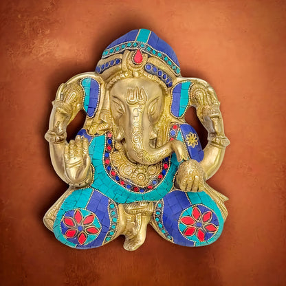 Brassaura™ Brass Gem Stone Work Ganesha Wall Hanging Murti for Home Decor- Height 10 Inches & Weight 2.8 Kgs