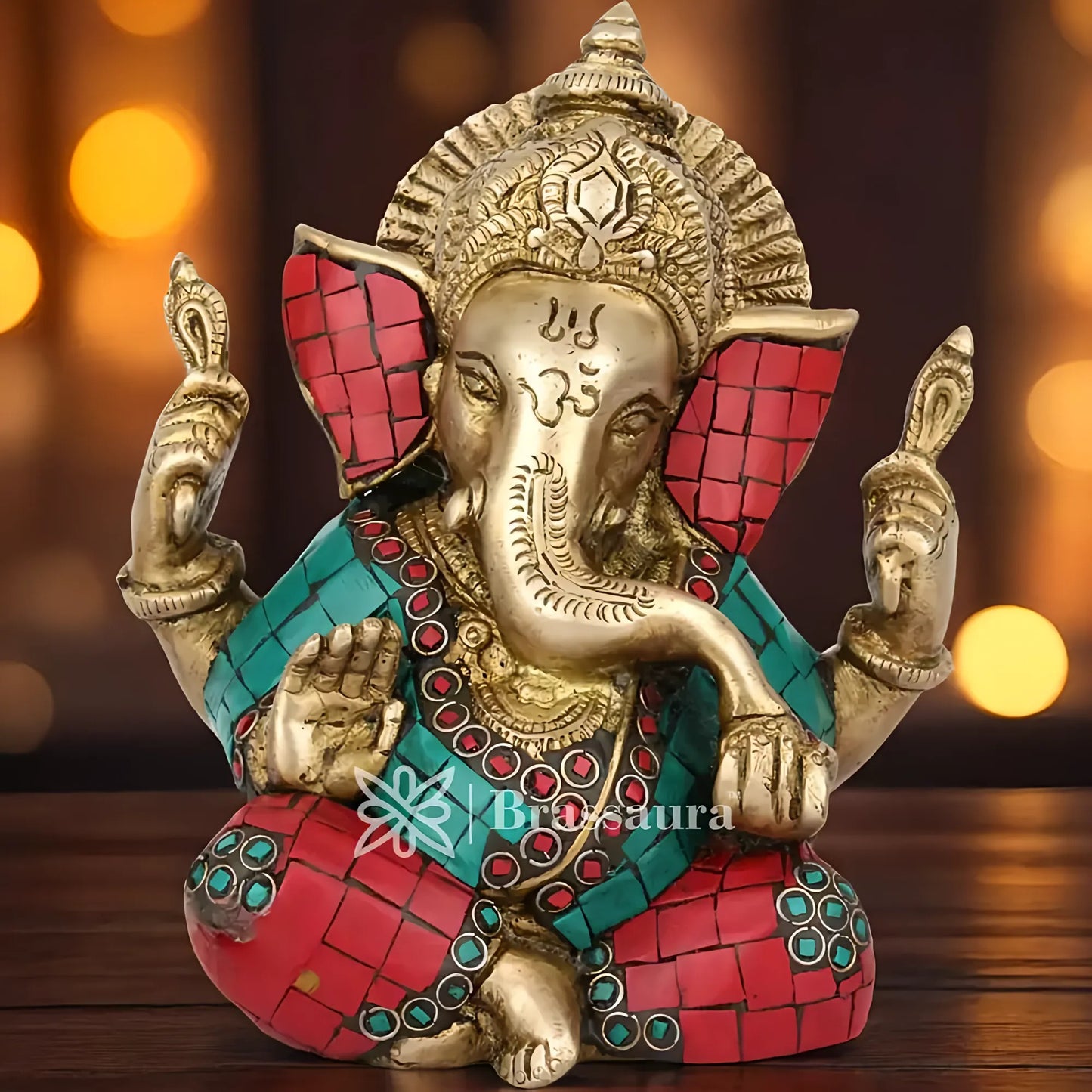 Brassaura™ Brass Gem Stone Work Ganesha Idol for Home and Decor | Weight 1.7 Kgs | Height 6 Inches