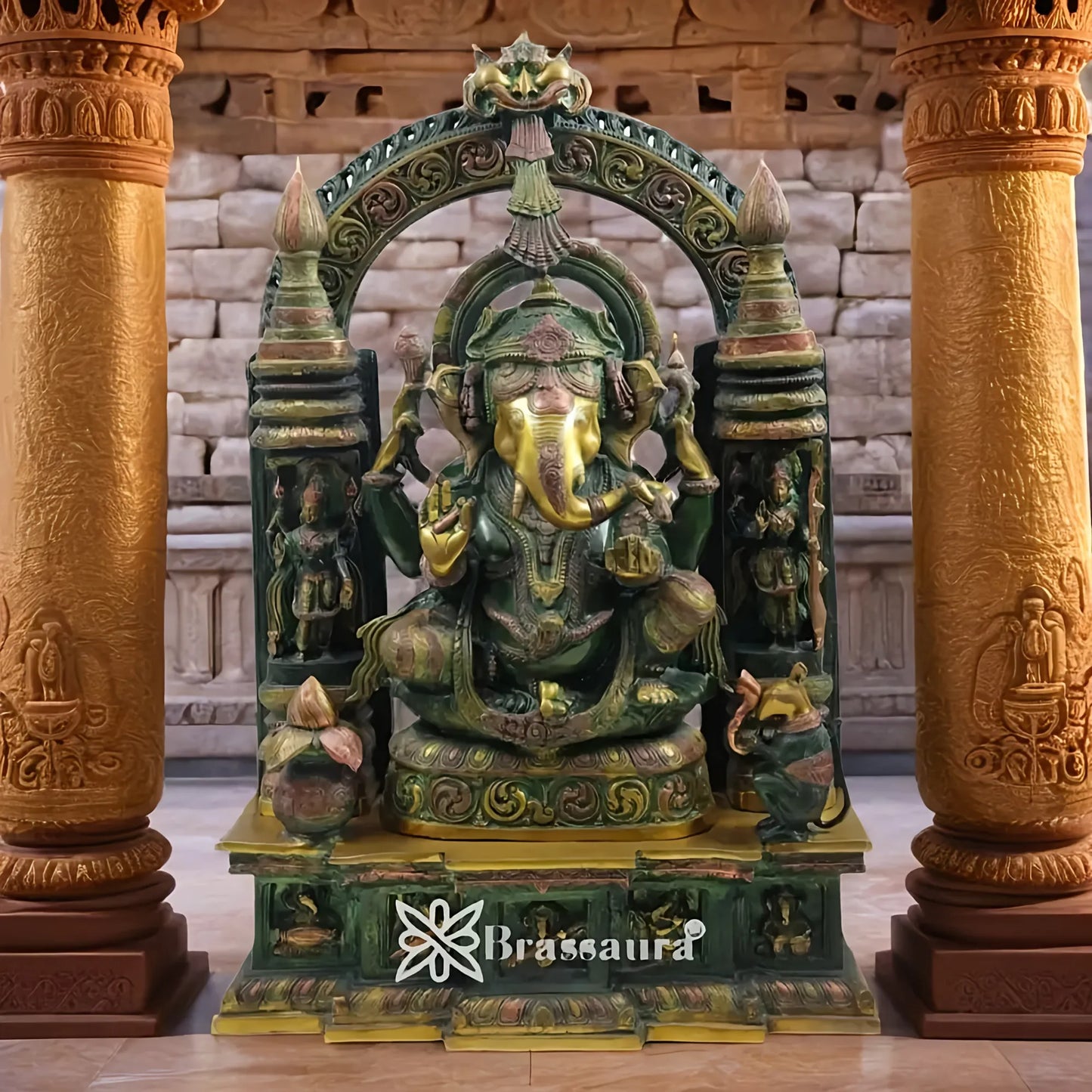 Brassaura™ Brass Majestic Ganesha Statue | Pure Brass with Antique Finish | Height 34 Inches & Weight 66 Kgs