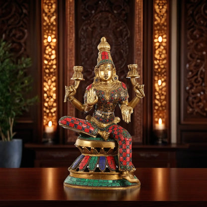Brass Gem Stone Work Laxmi Mata for Home and Decor Height 12 Inches & Weight 4.5 Kgs