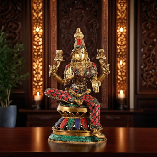 Brass Gem Stone Work Laxmi Mata for Home and Decor Height 12 Inches & Weight 4.5 Kgs