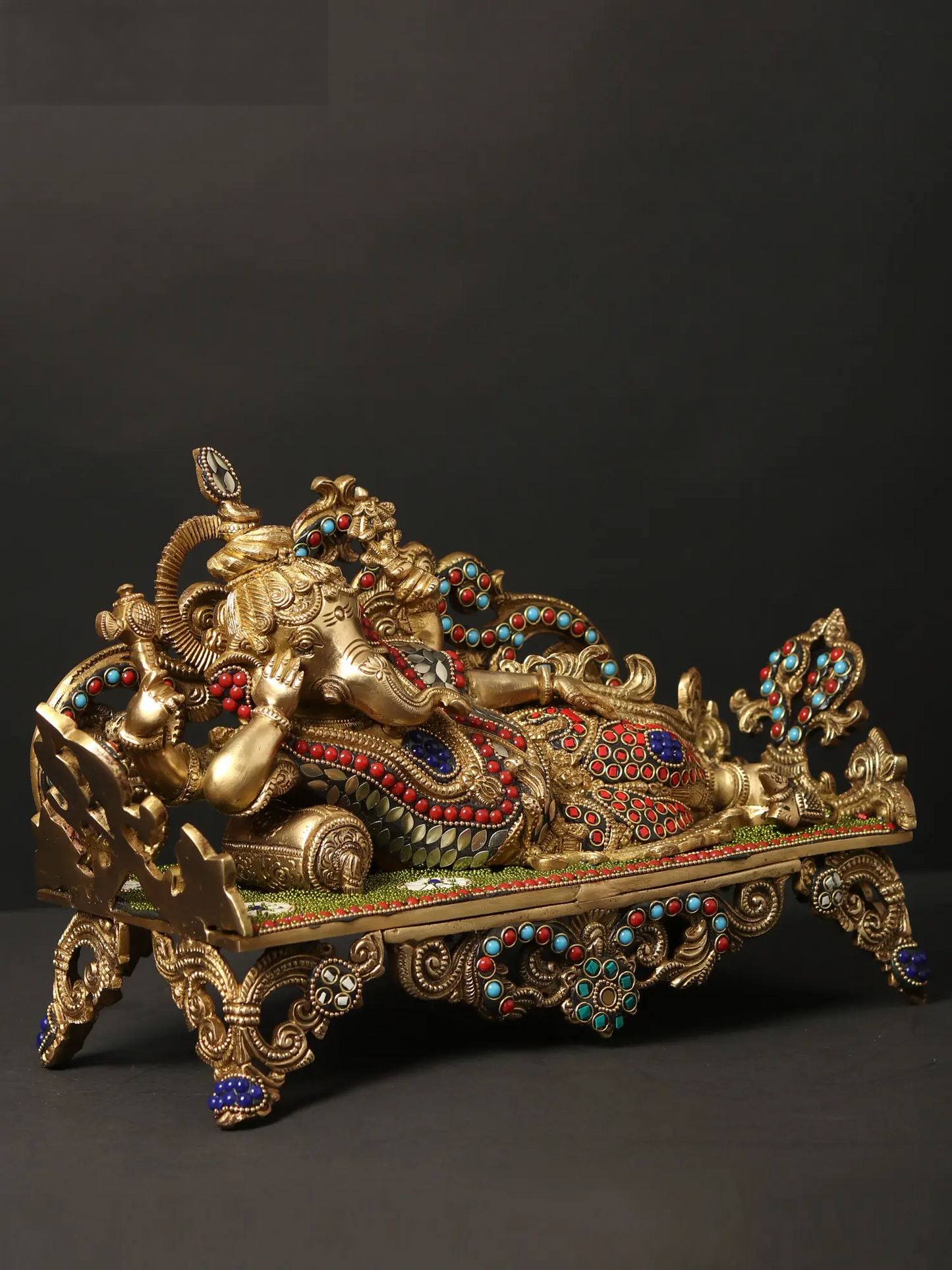 Brassaura™ Reclining Ganesha on Ornate Couch with Meenakari Inlay | Height 9 Inches & Weight 6.55 kgs